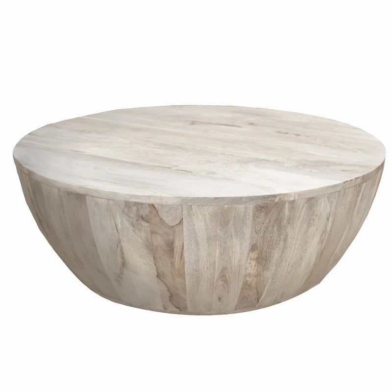 Round Coffee Table, Distressed White Mango Wood, 35.5 Inch
