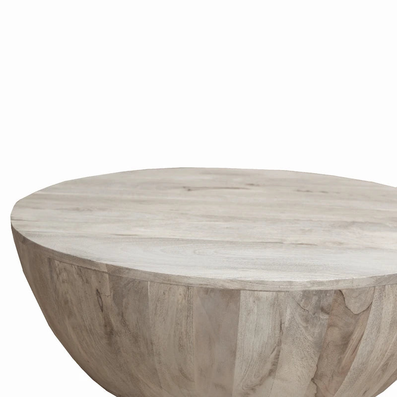 Round Coffee Table, Distressed White Mango Wood, 35.5 Inch