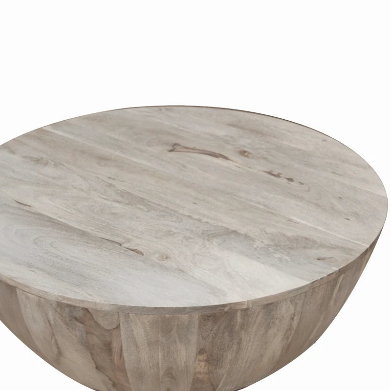 Round Coffee Table, Distressed White Mango Wood, 35.5 Inch