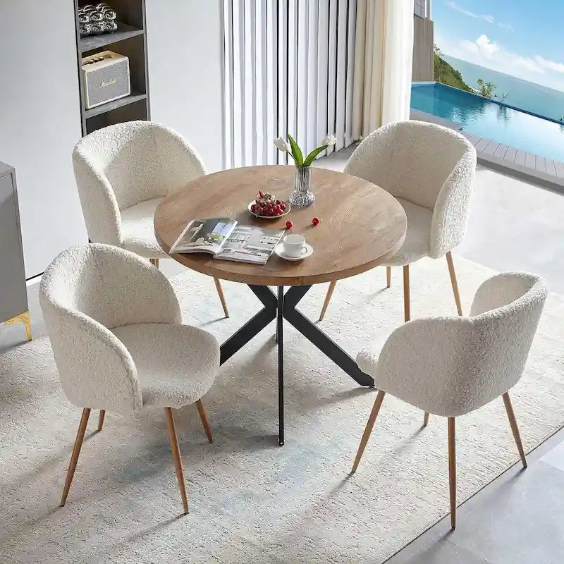 Round Dining Table Set for 4 with Sherpa Chairs, Natural Wood Grain