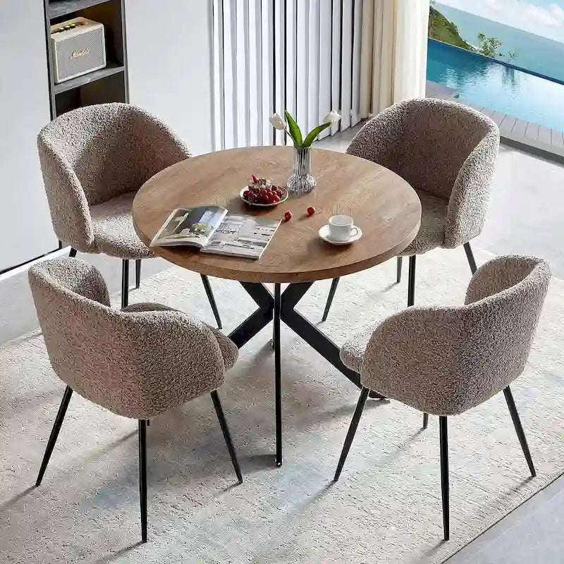 Round Dining Table Set for 4 with Sherpa Chairs, Natural Wood Grain