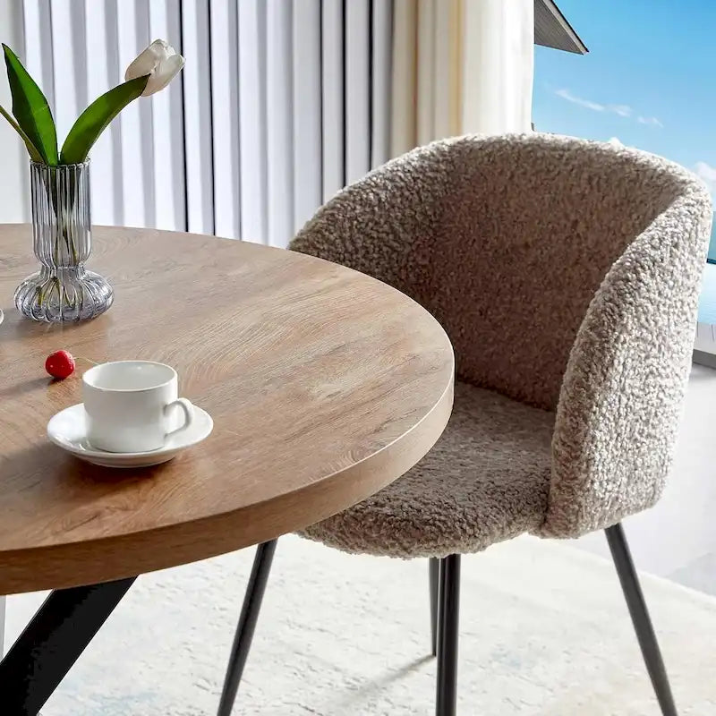 Round Dining Table Set for 4 with Sherpa Chairs, Natural Wood Grain