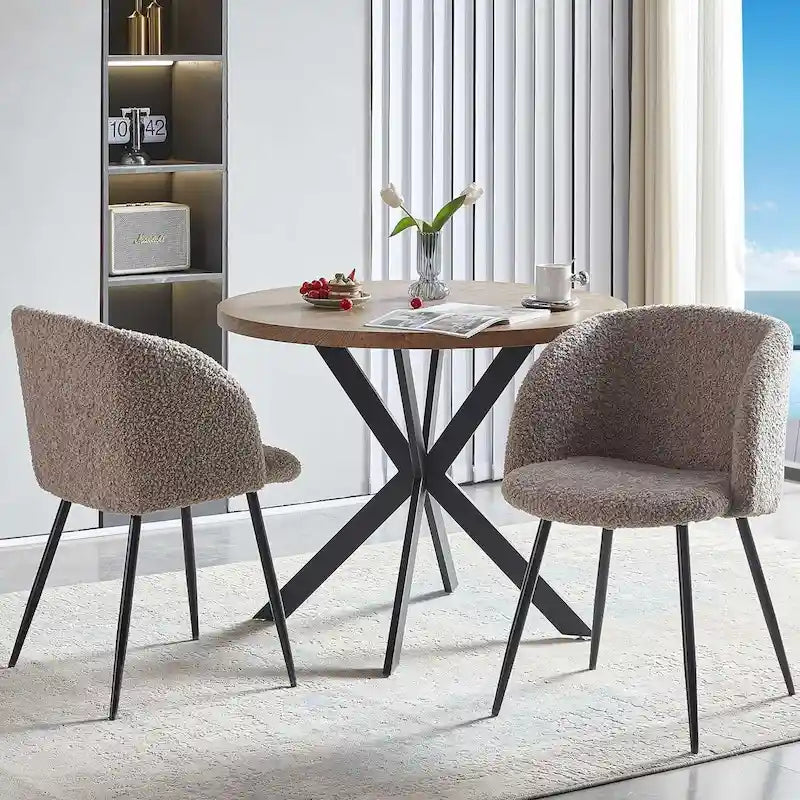 Round Dining Table Set for 4 with Sherpa Chairs, Natural Wood Grain