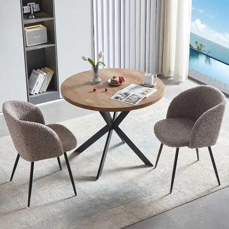 Round Dining Table Set for 4 with Sherpa Chairs, Natural Wood Grain