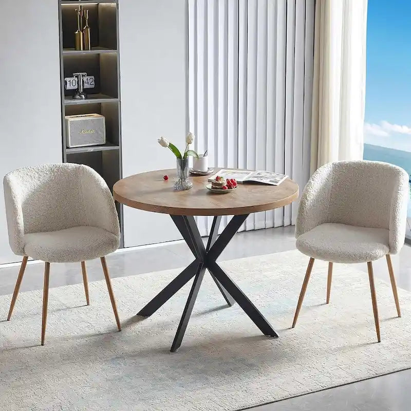 Round Dining Table Set for 4 with Sherpa Chairs, Natural Wood Grain