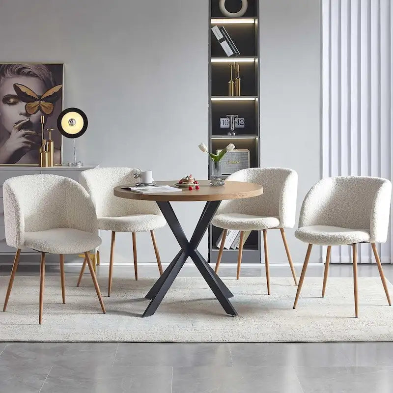 Round Dining Table Set for 4 with Sherpa Chairs, Natural Wood Grain