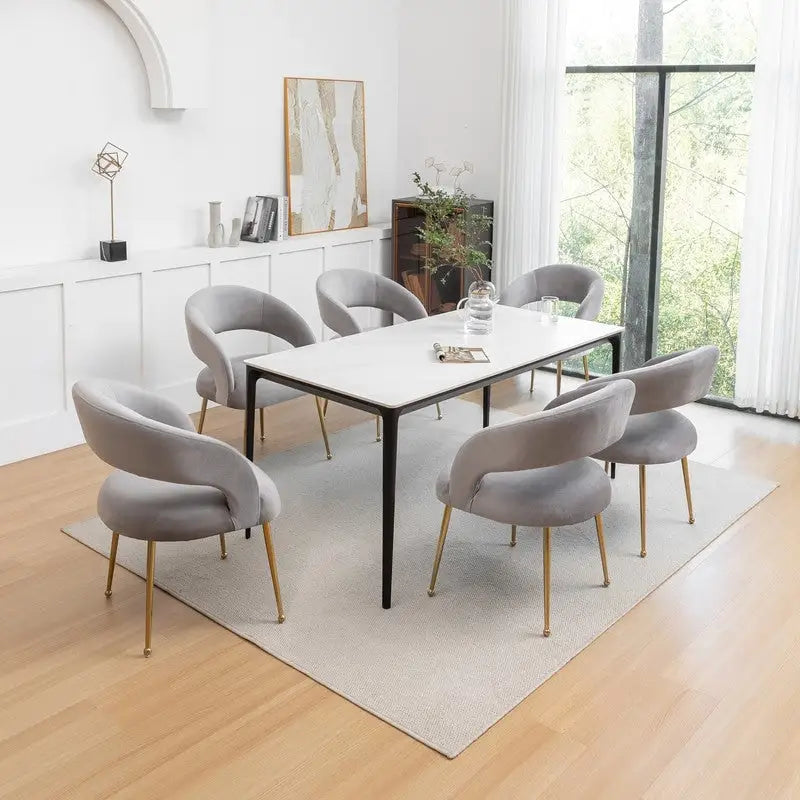 Velvet Dining Chairs Set of 6 Gold Legs Open-Back Mid-Century