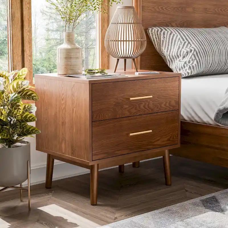 Furniture of America Beau Midcentury Walnut 2-Drawer Nightstand