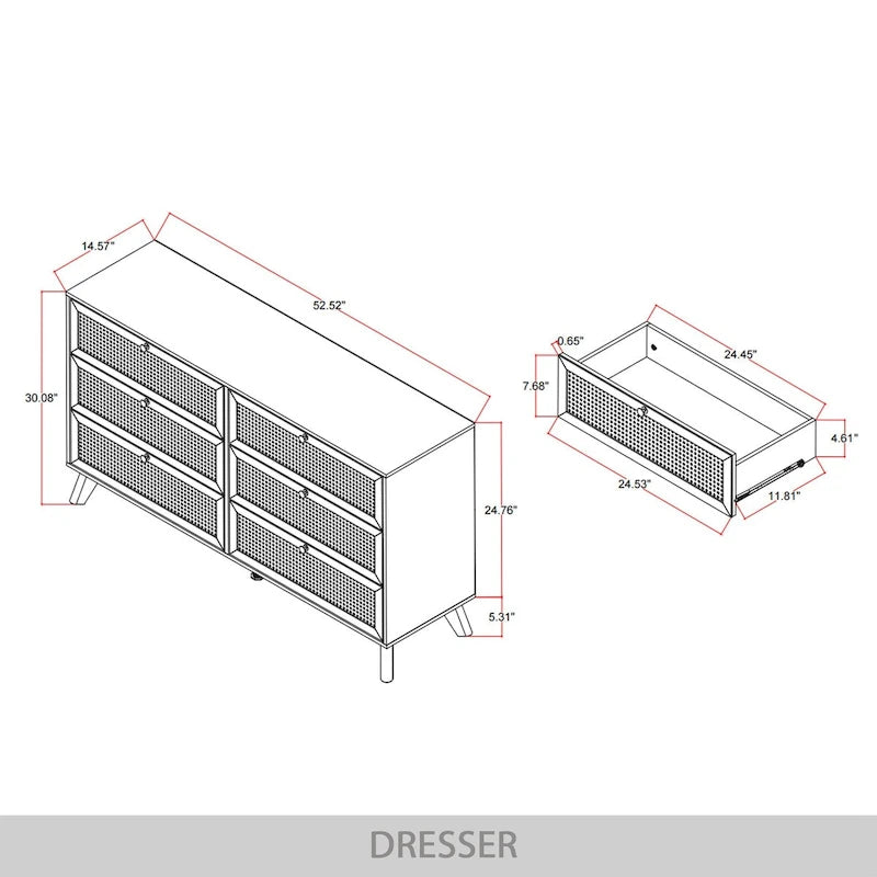 Black 6-Drawer Dresser - Cane Panel - Mid-Century Modern