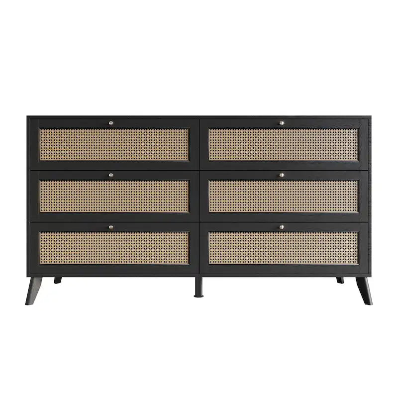 Black 6-Drawer Dresser - Cane Panel - Mid-Century Modern