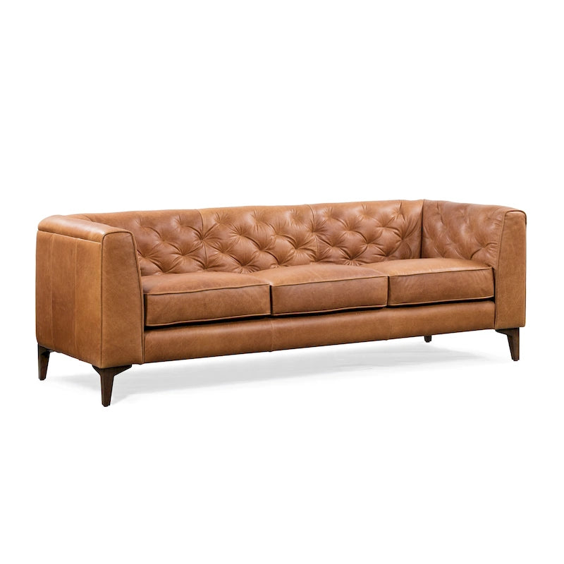 89" Tufted Sofa, Italian Leather with Feather Down Cushions