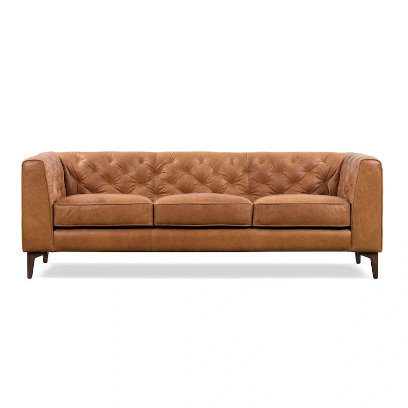 89" Tufted Sofa, Italian Leather with Feather Down Cushions