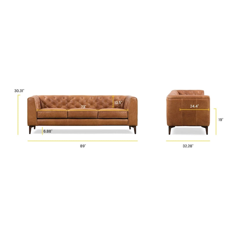 89" Tufted Sofa, Italian Leather with Feather Down Cushions