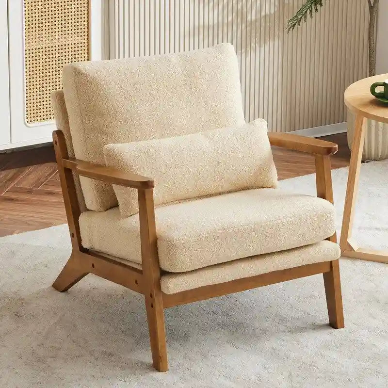 Beige Linen Blend Accent Chair - Wood Legs - Single Seat
