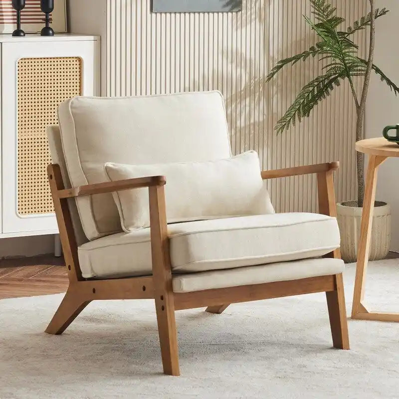 Beige Linen Blend Accent Chair - Wood Legs - Single Seat