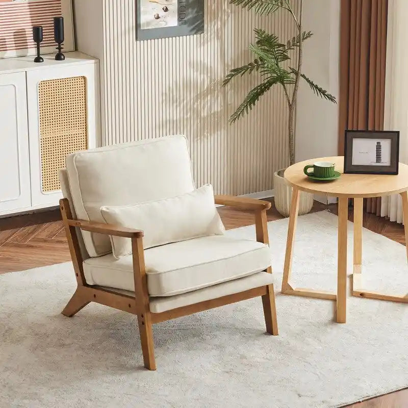 Beige Linen Blend Accent Chair - Wood Legs - Single Seat