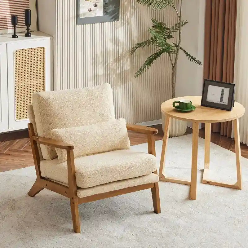 Beige Linen Blend Accent Chair - Wood Legs - Single Seat