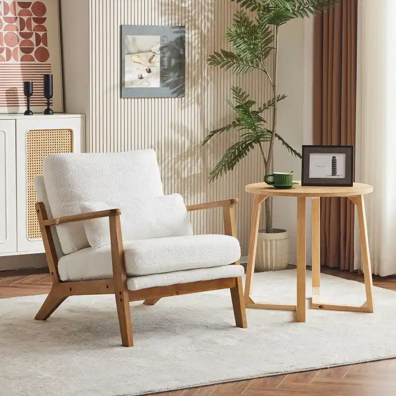 Beige Linen Blend Accent Chair - Wood Legs - Single Seat