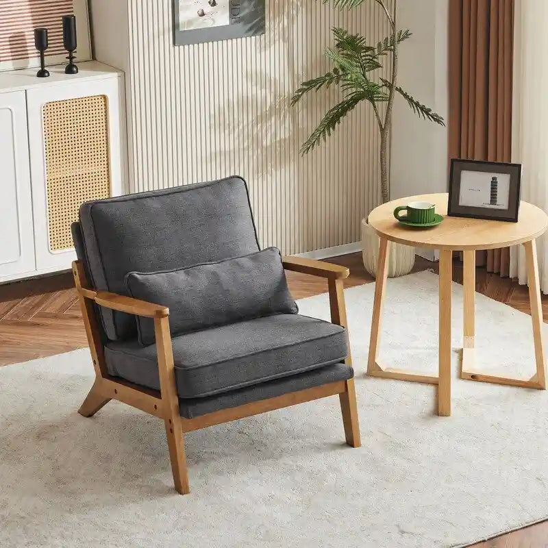Beige Linen Blend Accent Chair - Wood Legs - Single Seat