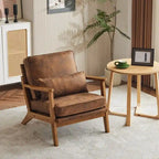 Beige Linen Blend Accent Chair - Wood Legs - Single Seat