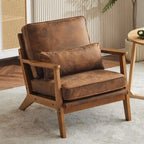 Beige Linen Blend Accent Chair - Wood Legs - Single Seat