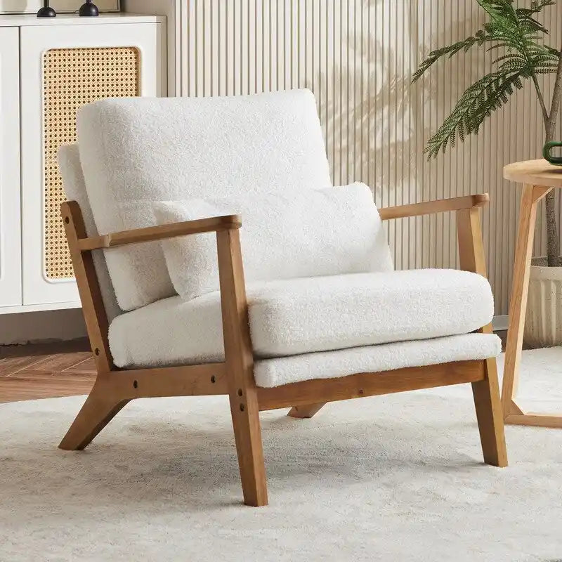 Beige Linen Blend Accent Chair - Wood Legs - Single Seat