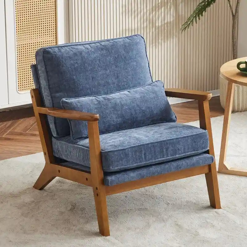 Beige Linen Blend Accent Chair - Wood Legs - Single Seat