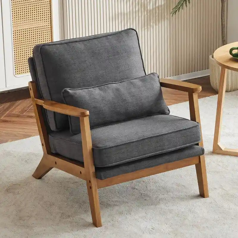 Beige Linen Blend Accent Chair - Wood Legs - Single Seat