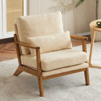 Beige Linen Blend Accent Chair - Wood Legs - Single Seat