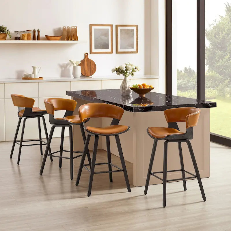 Counter Height Barstools Set of 4, Faux Leather with Bentwood Frame