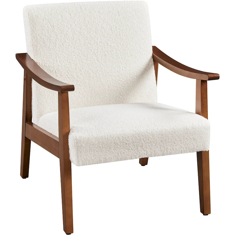 Boucle Accent Chair Single Brown Ivory Solid Wood Legs Mid-Century