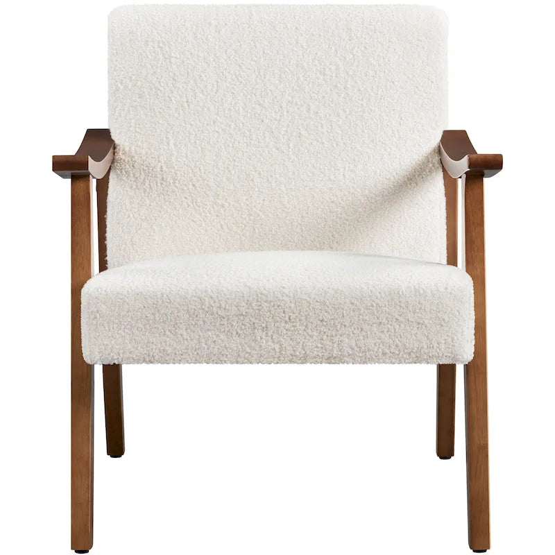 Boucle Accent Chair Single Brown Ivory Solid Wood Legs Mid-Century