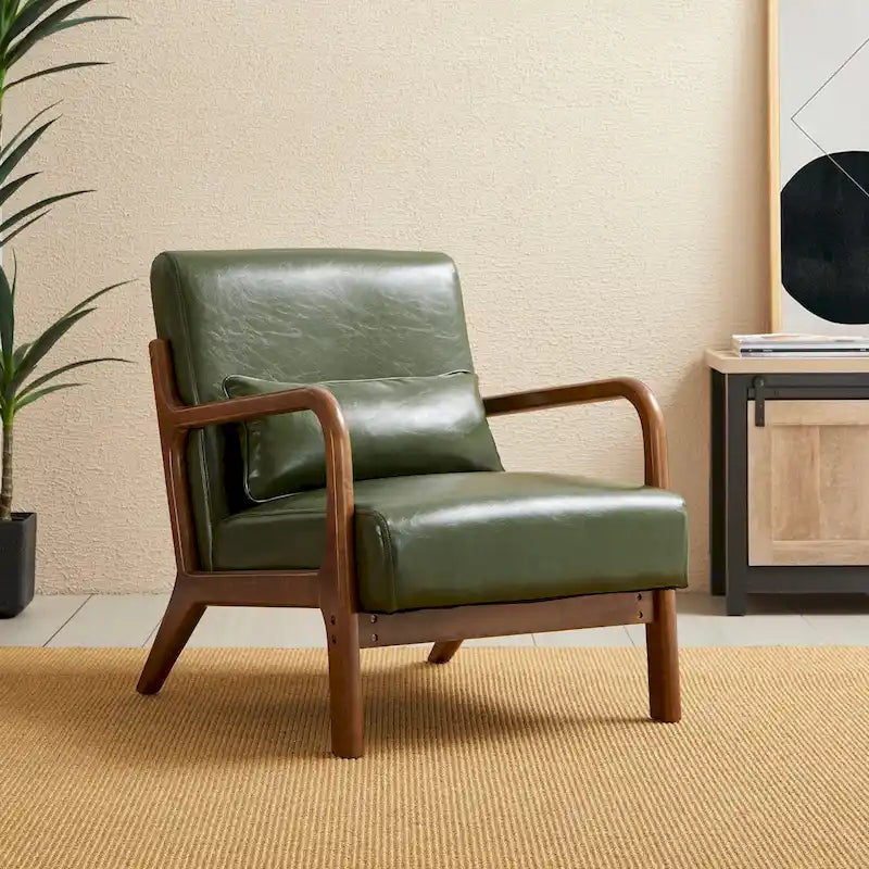 Mid-Century PU Leather Armchair - Walnut Frame - Single Seat