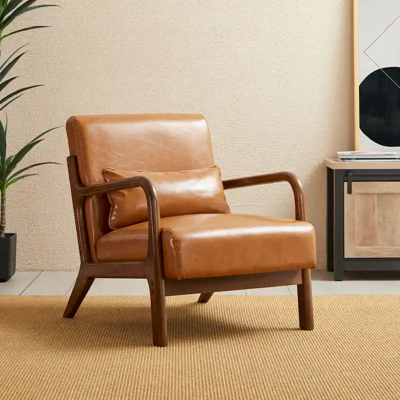 Mid-Century PU Leather Armchair - Walnut Frame - Single Seat
