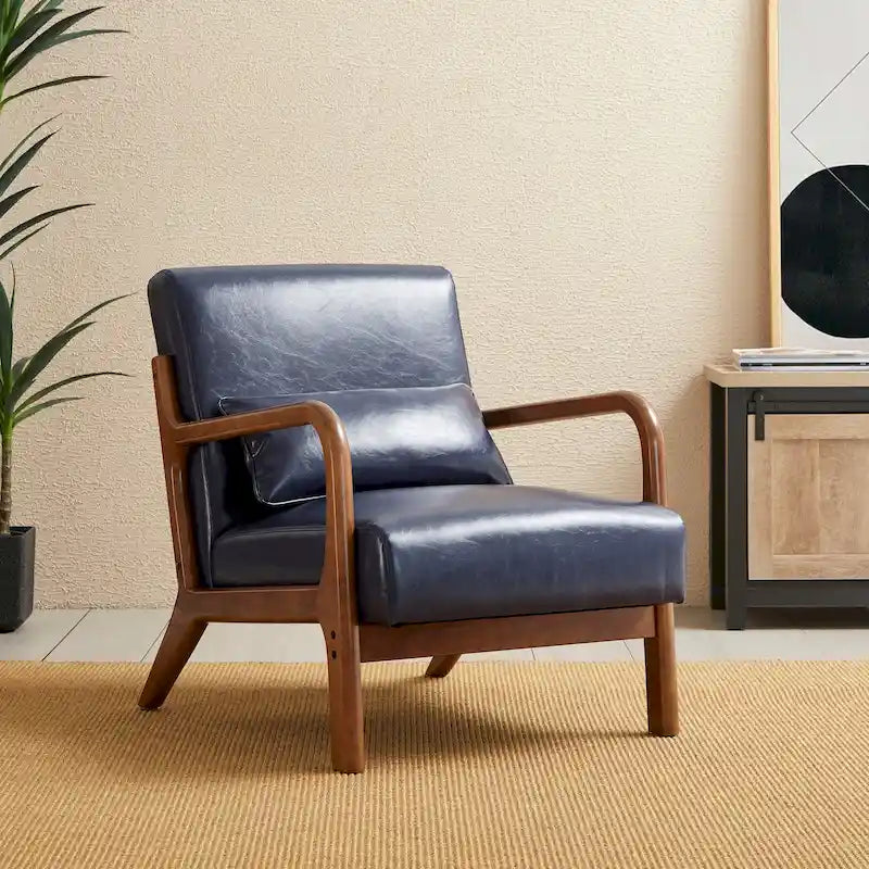Mid-Century PU Leather Armchair - Walnut Frame - Single Seat