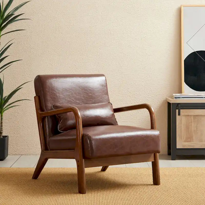 Mid-Century PU Leather Armchair - Walnut Frame - Single Seat