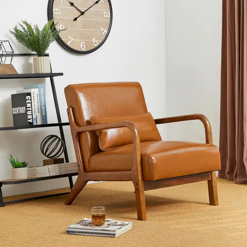Mid-Century PU Leather Armchair - Walnut Frame - Single Seat
