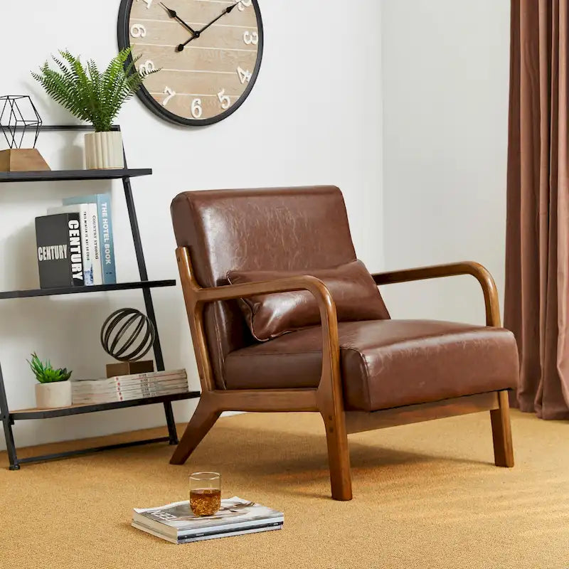 Mid-Century PU Leather Armchair - Walnut Frame - Single Seat