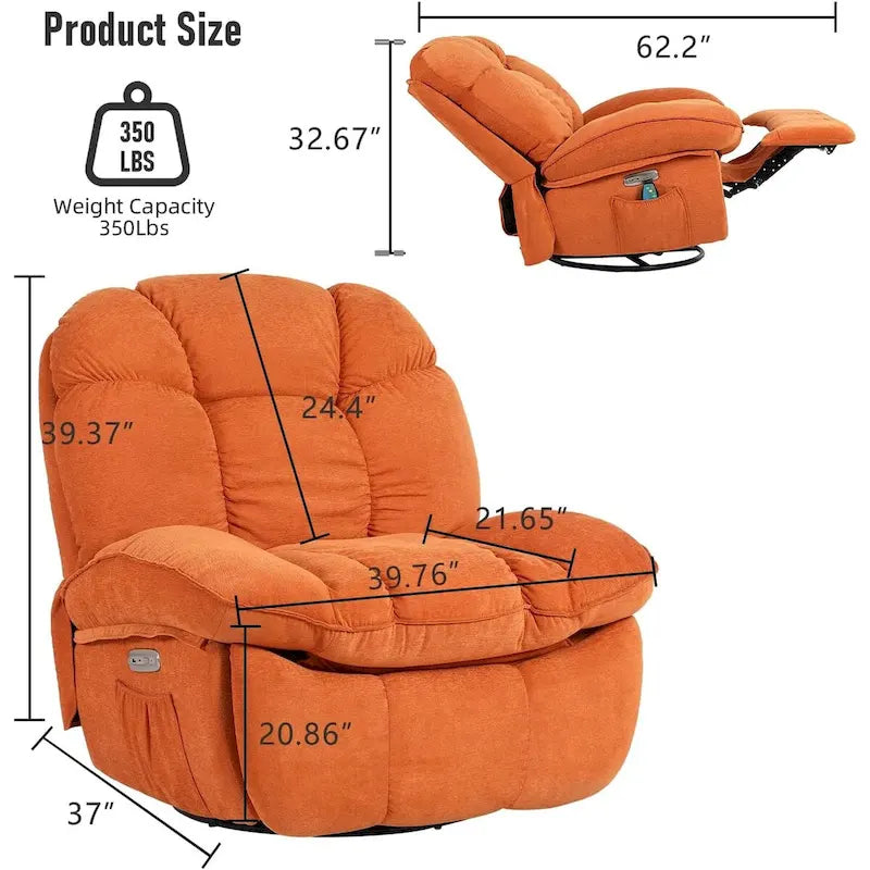 Power Recliner Chair - Massage & Heat - Swivel - Single Seat