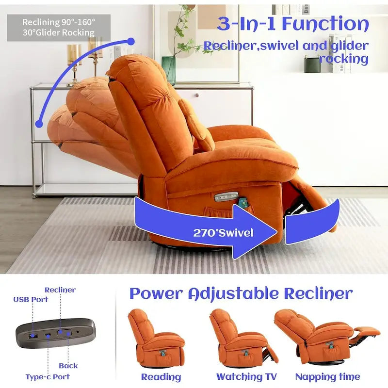 Power Recliner Chair - Massage & Heat - Swivel - Single Seat