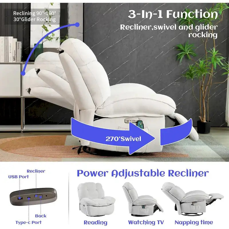 Power Recliner Chair - Massage & Heat - Swivel - Single Seat