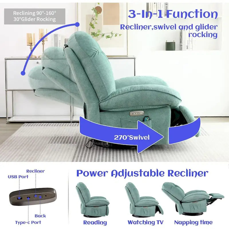 Power Recliner Chair - Massage & Heat - Swivel - Single Seat