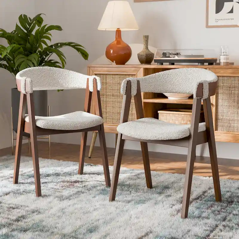 Boucle Dining Chairs Set of 2 Beige Walnut Mid-Century Modern