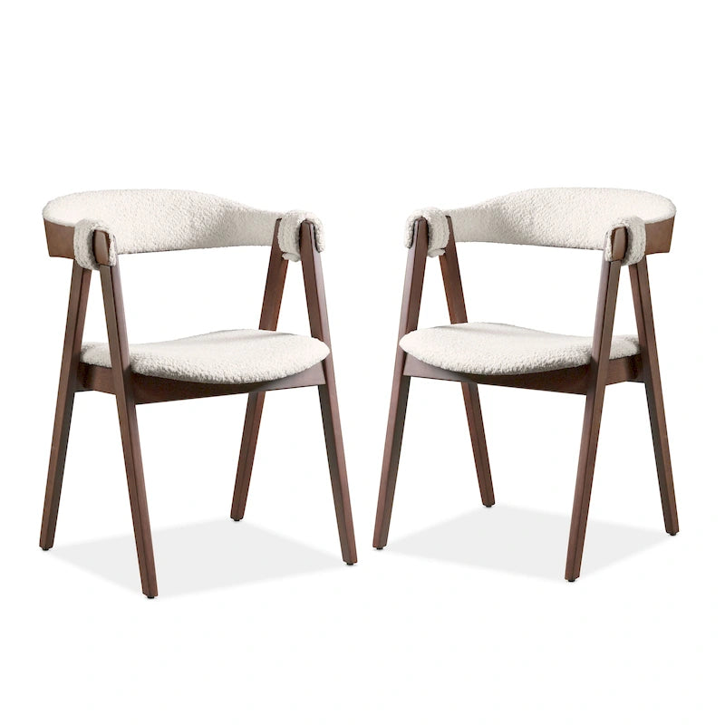 Boucle Dining Chairs Set of 2 Beige Walnut Mid-Century Modern