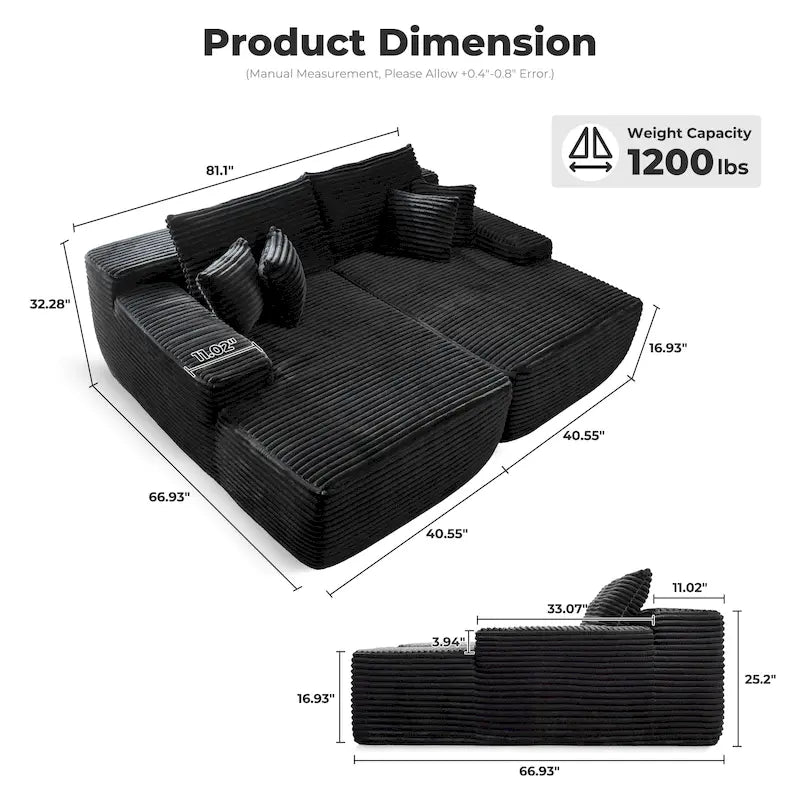 Plush Velvet Double Chaise Sofa, No Assembly, 2-Person