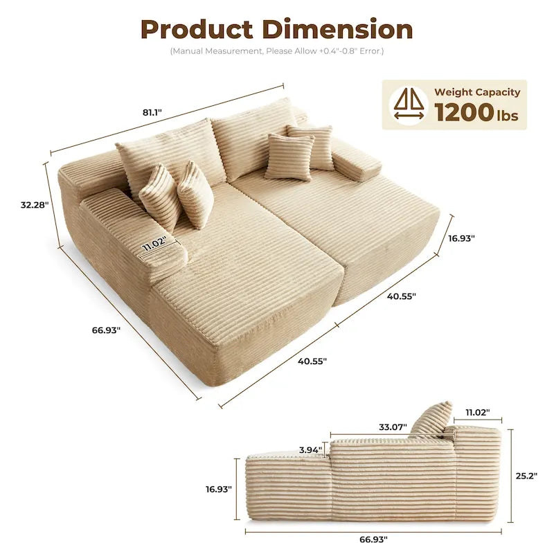 Plush Velvet Double Chaise Sofa, No Assembly, 2-Person