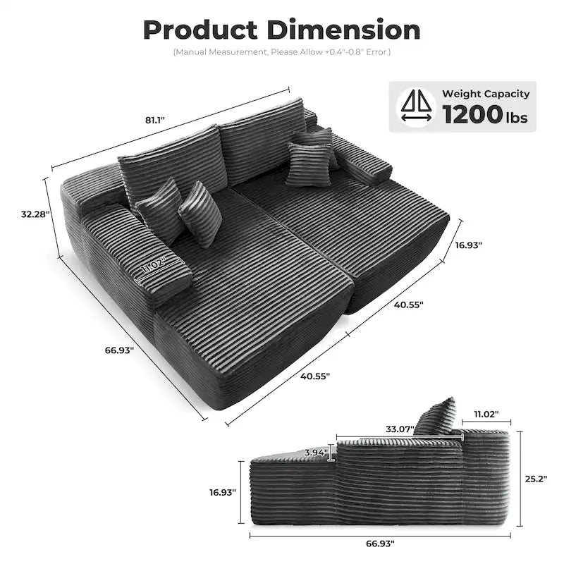 Plush Velvet Double Chaise Sofa, No Assembly, 2-Person